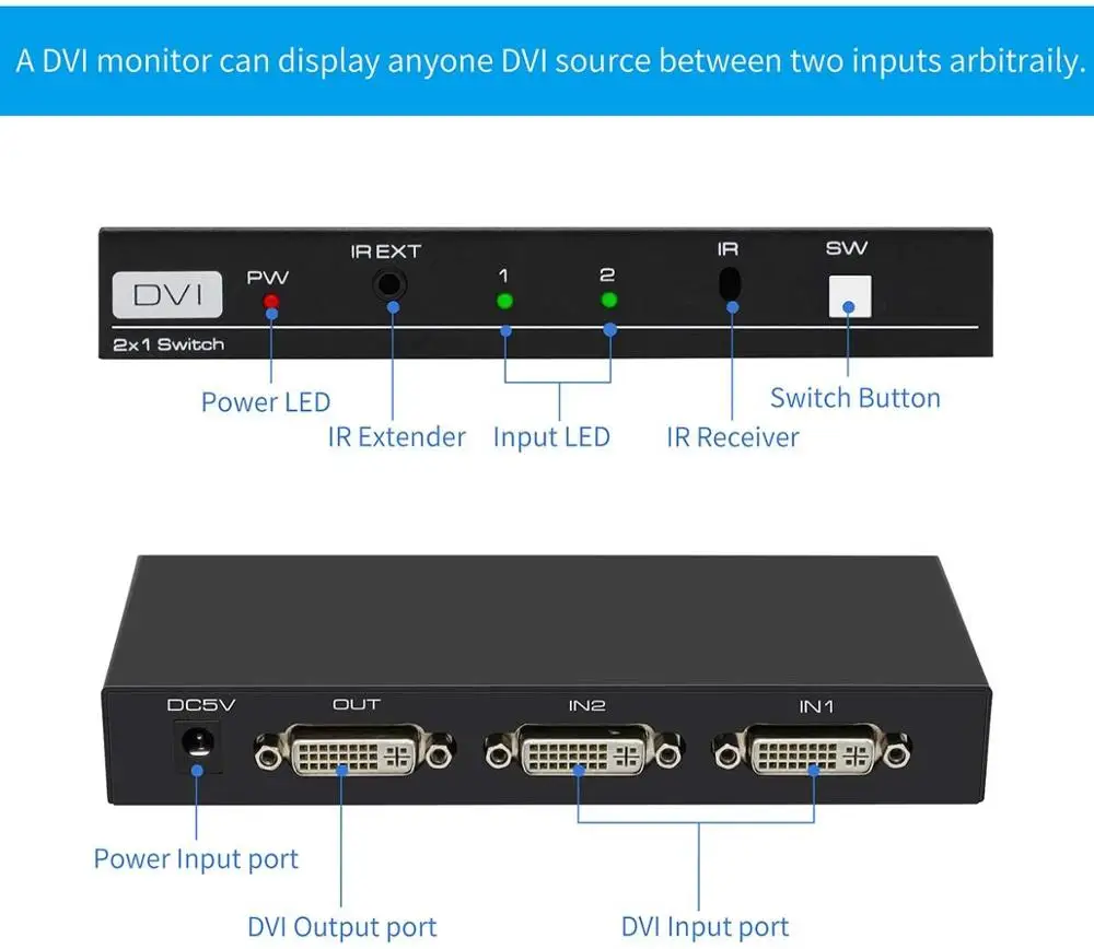 DVI Switch 2 in 1 Out 4K DVI 2 Port Switcher with IR Remote Control DVI 2x1 Support 4096x2160@30Hz DVI Selector for PC Laptop