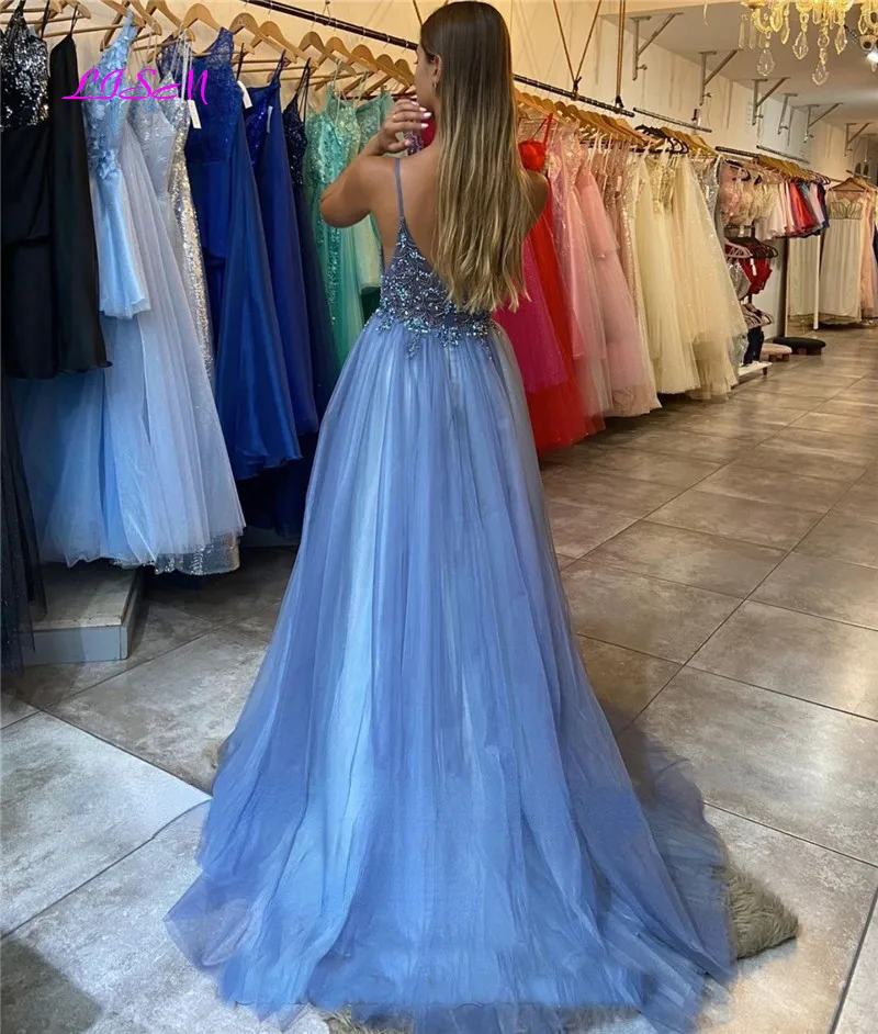 Blue Beading Tulle Long Prom Dresses Spaghetti Straps Side Slit Evening Gowns Elegant Women Party Special Occasion Dress