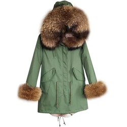 The new winter coat is a real raccoon fur coat, thick, warm faux rex rabbit fur liner hooded fashionable luxury jacket