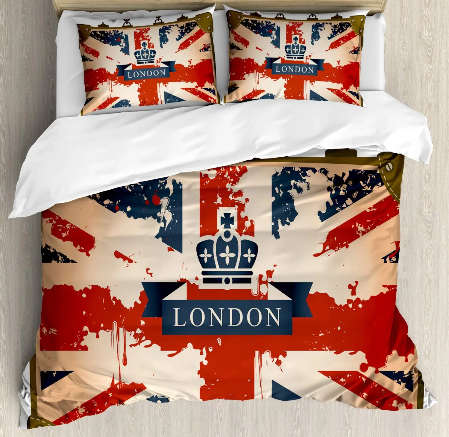 Union Jack Duvet Cover Set Vintage Travel Suitcase with British Flag London Ribbon and Crown Image Decorative 3 Piece Bedding