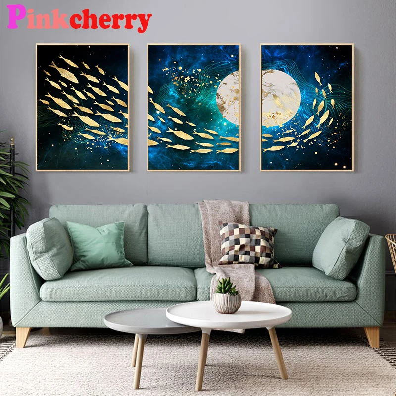 diy diamond painting Abstract Gold Fish and moon 5d diamond embroidery diamond art kit home decortiom wall sticker 3 piece