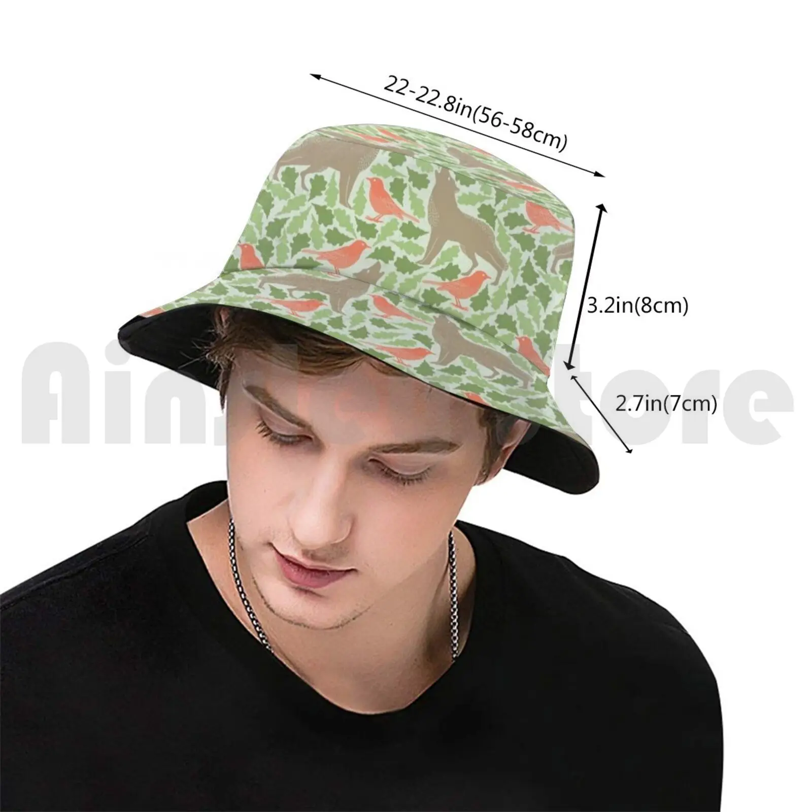 A Wolf And Bird. Sun Hat 971 Bucket Hat Spring Oak Wolf Bird Pattern Nature Template Plant Spring Sheet