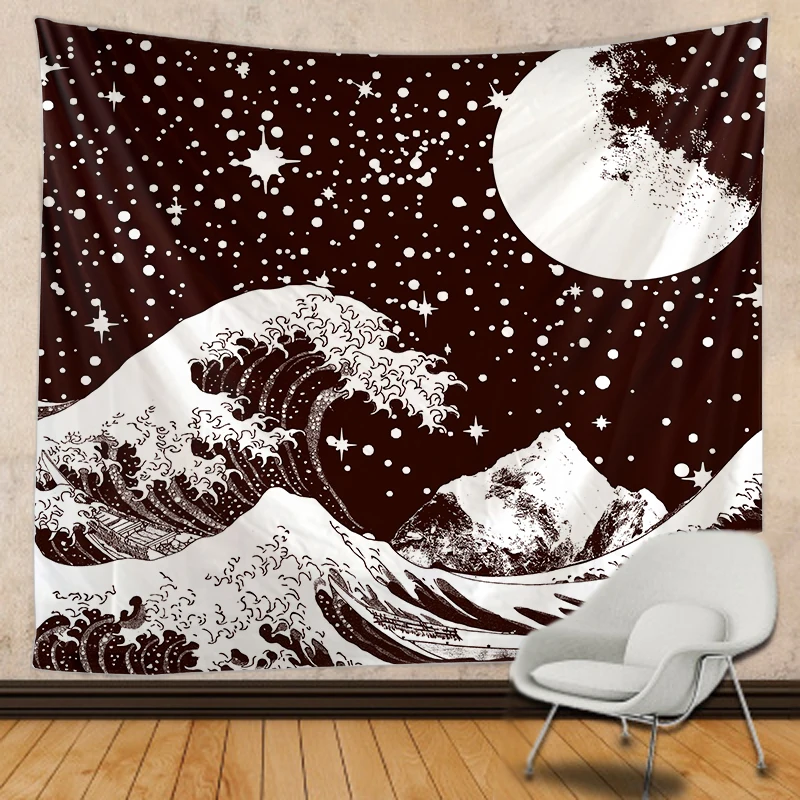 Japanese Wall Tapestry, Abstract, whale Painting, Sunset, Mountain, Forest, Hippie, Mandala Landscape, Hanging Household C