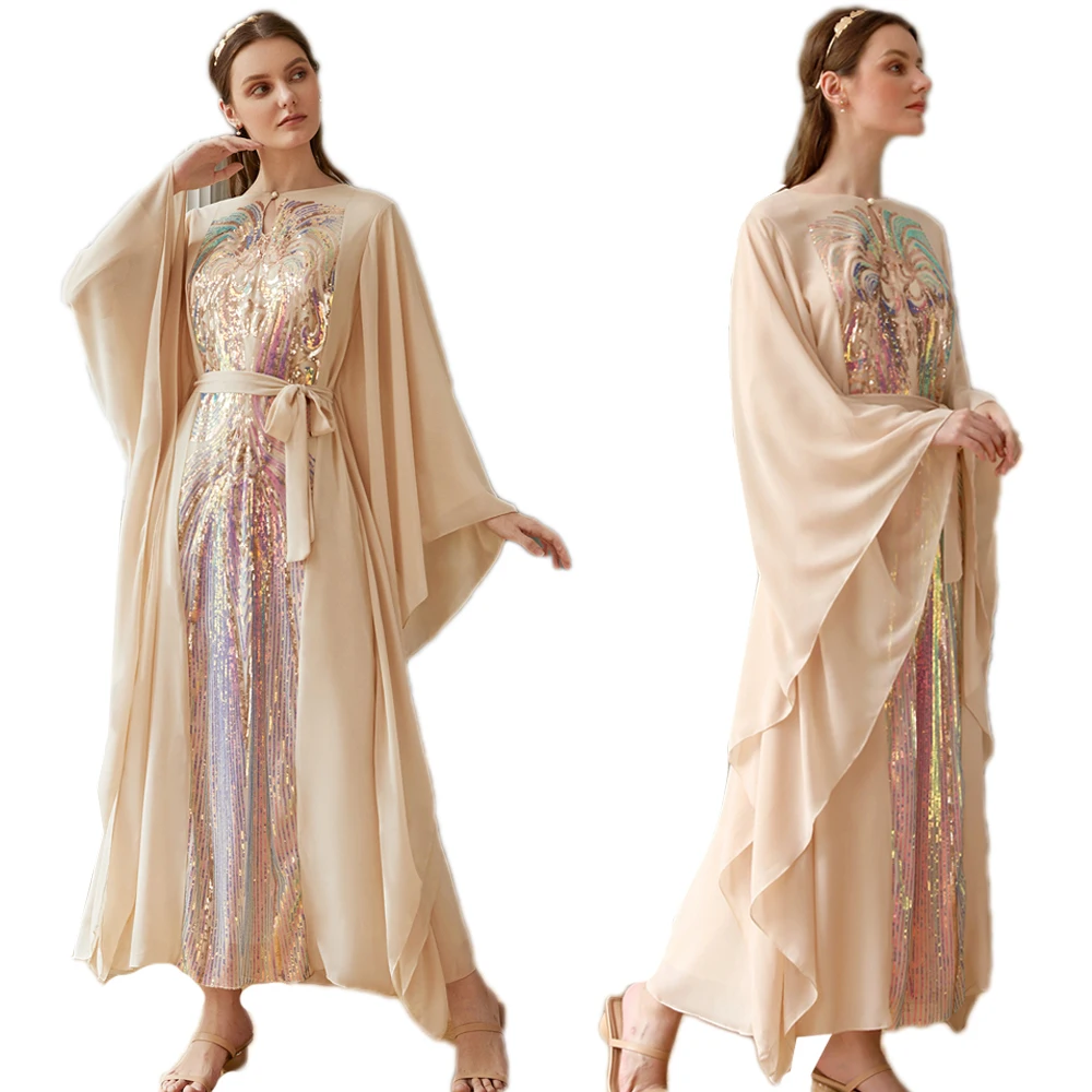 Women Chiffon Abaya Long Dress Sequins Batwing Sleeve Loose Arab Dress Muslim Loose Arab Dress Kaftan Elegant Party Fashion