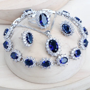 Zilver 925 Dames Bruidssieradensets Blauwe Zirkonia Kostuum Fijne Sieraden Bruiloft Ketting Oorbellen Ringen Armbanden Hanger Set