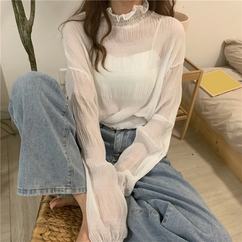 Women Solid Long Sleeve Chiffon Tops Female Casual Vintage Butterfly Sleeve Shirts Ladies Korean Ruffled Blouses Blusas Mujer