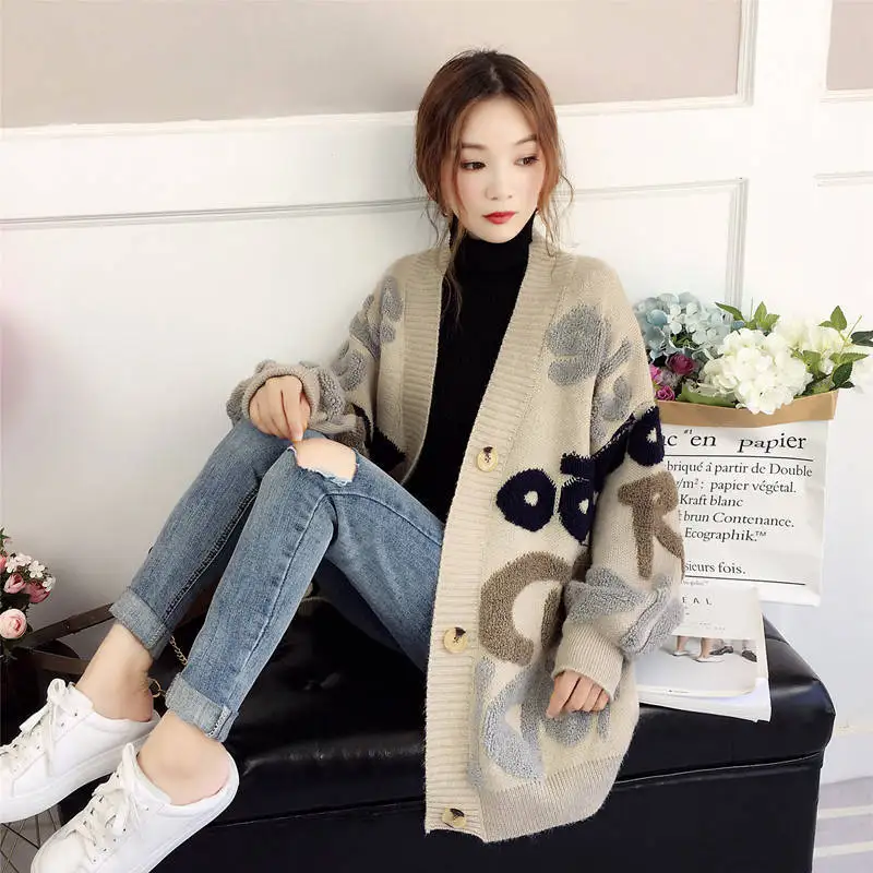 Embroidery Sweater Women Cardigan Spring Autumn Lady Loose Korean 2023 New Outwear Knit Long Coat Female Fashion Overcoat W8