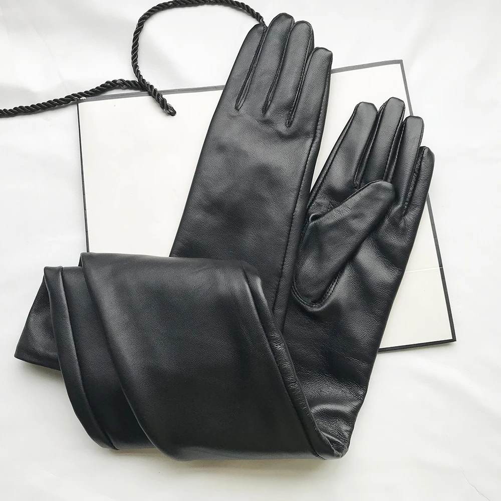 Personalizar hombres guantes largos de cuero genuino estilo recto Extra largo piel de oveja invierno cálido puño guantelete guantes nuevo