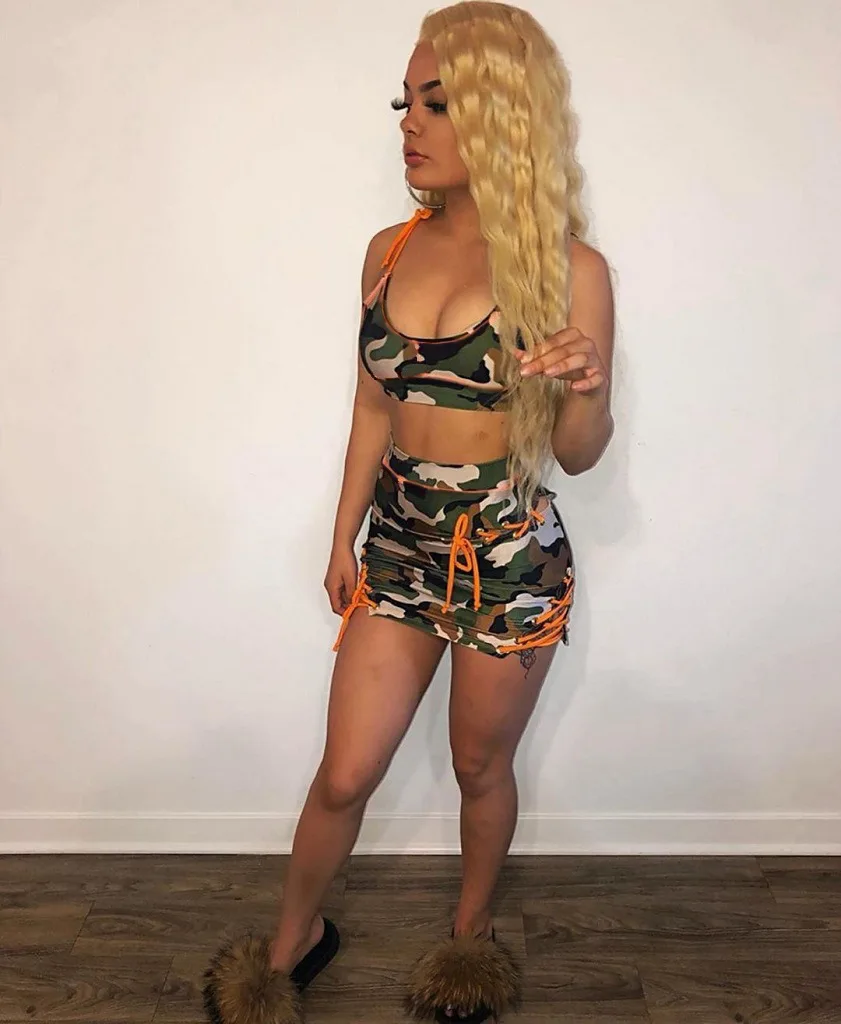 BKLD Sexy Club Outfits 2024 New Fashion Camouflage Printed Bandage Sleeveless Crop Top And Bodycon Skirts Two Piece Set Women