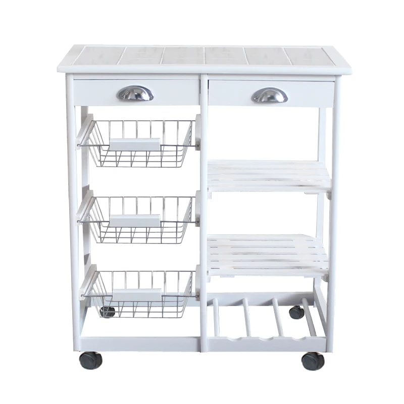 Carrito de cocina y comedor, 2 cajones, 3 cestas, estante de almacenamiento con ruedas rodantes, color blanco