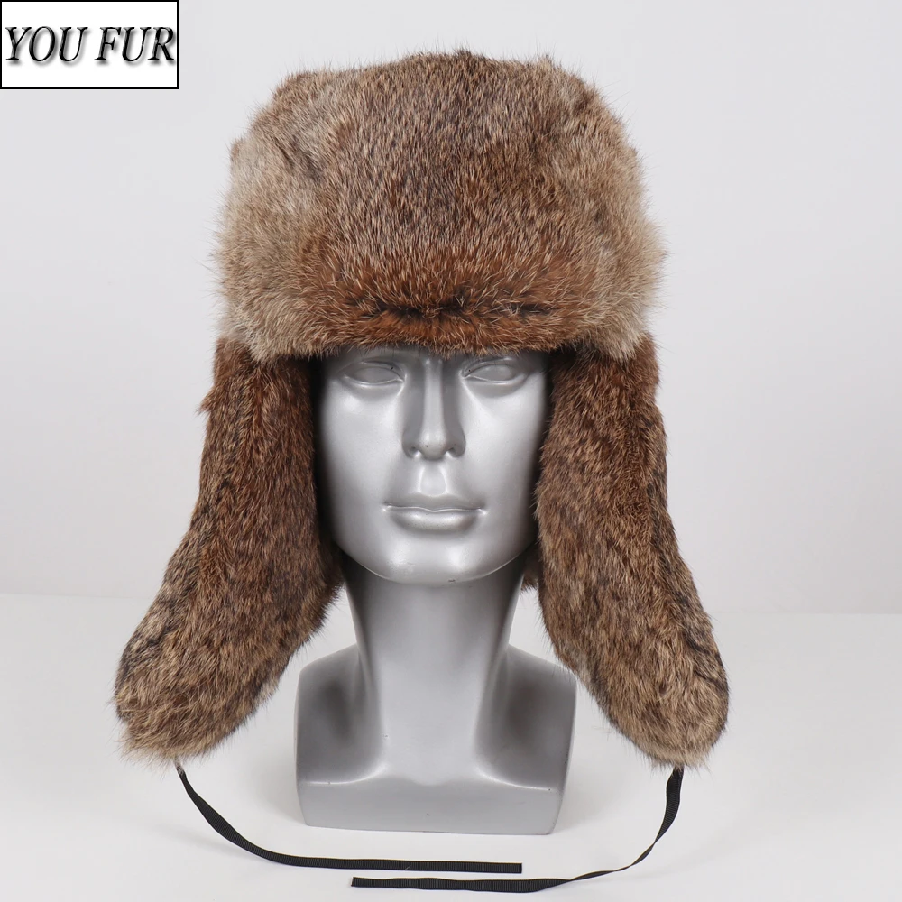 

New Men Winter Real Rabbit Fur Bomber Hat Outdoor Super Warm 100% Natural Rabbit Fur Hats Full Pelt Genuine Rabbit Fur Cap