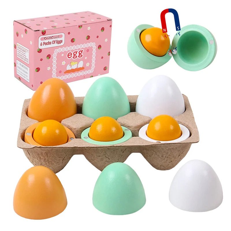 

Children's Wooden Magnetic Egg Pretend Kitchen Toy Simulation Color Egg Magnetic Separable Egg Yolk Play House Cooking Game Toy