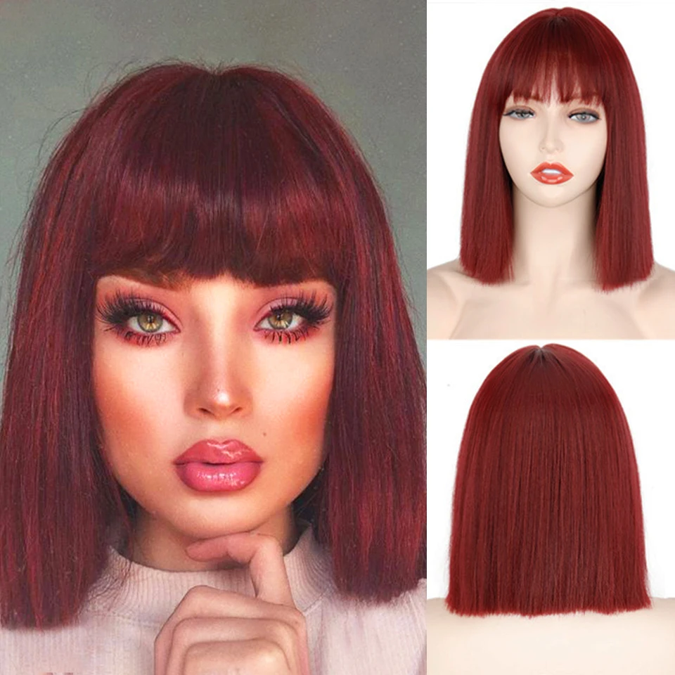 Synthetic wig Short Bangs Wig Female Bangs Bob Wig Wine Red Black Pink Orange Wig Party Day Shoulder Length