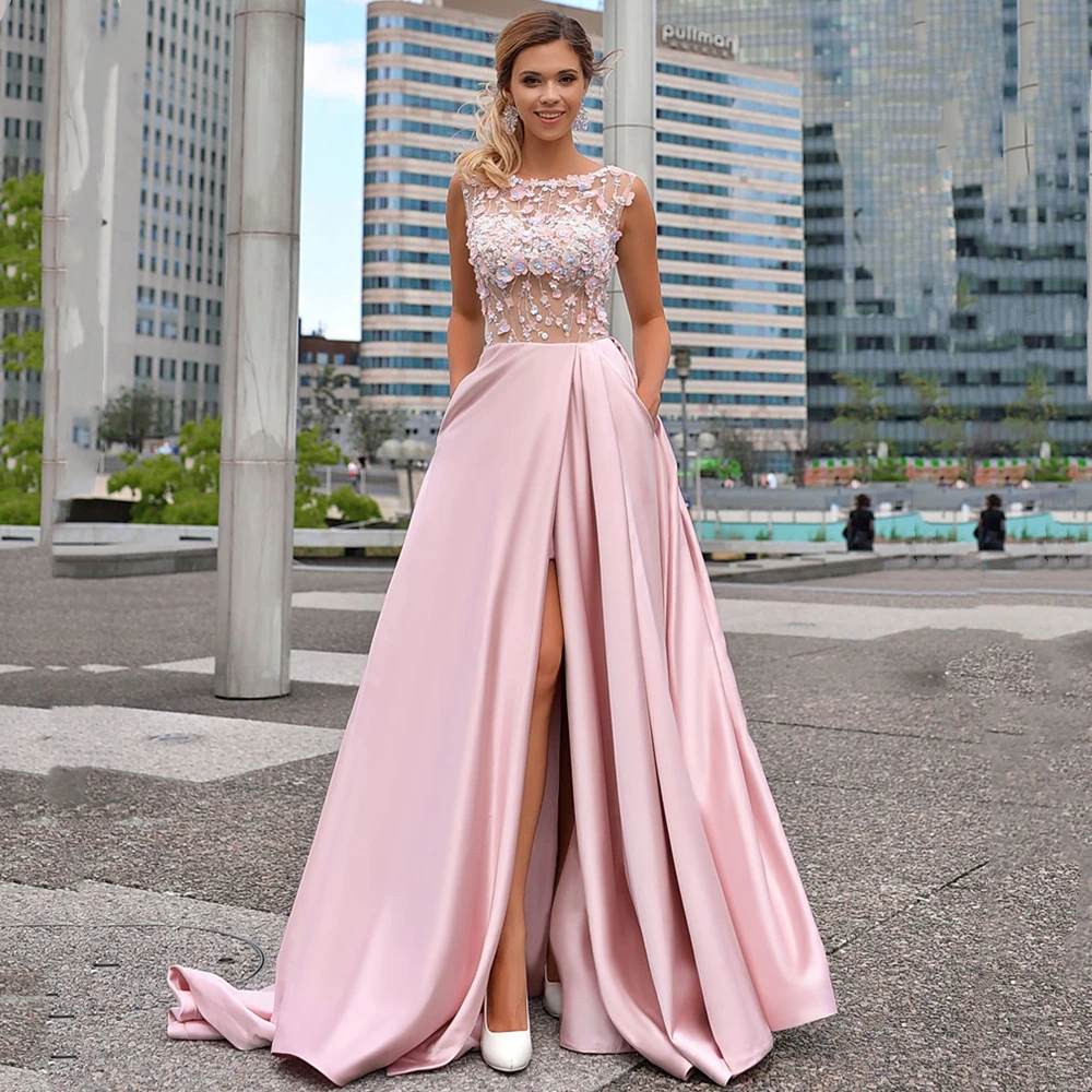 Princess A Line Pink Prom Dress 2024 Side Slit O-Neck Sleeveless 3D Floral Lace Applique Homecoming Graduation Formal Party Gown