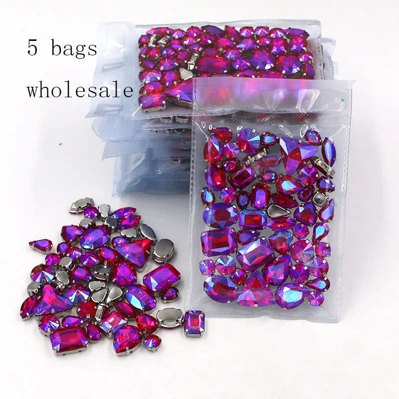 Best seller Wholesale 5 bags mixed shape sew on glass Red AB silver base rhinestones diy dress/Clothing accessories