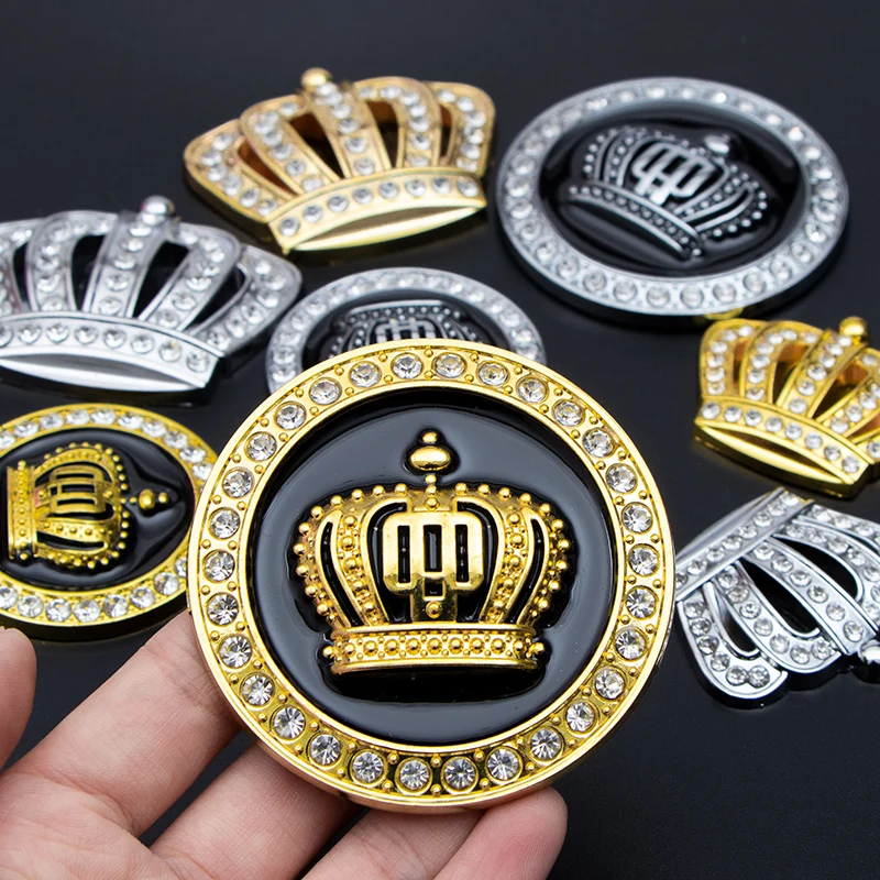 1 Pcs Golden Silver Fashion 3D Diamond Crystal Crown Car Sticker Metal Side Emblem Badge Car Body Decoration Styling Accessories