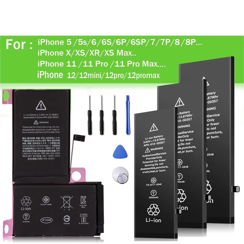 Battery For Apple iPhone 6 6S 5 7 XR 11 Plus X Xs Max Replacement Bateria High Capacity Bateria +Tools For IPhone 12 6 7 5 8Plus