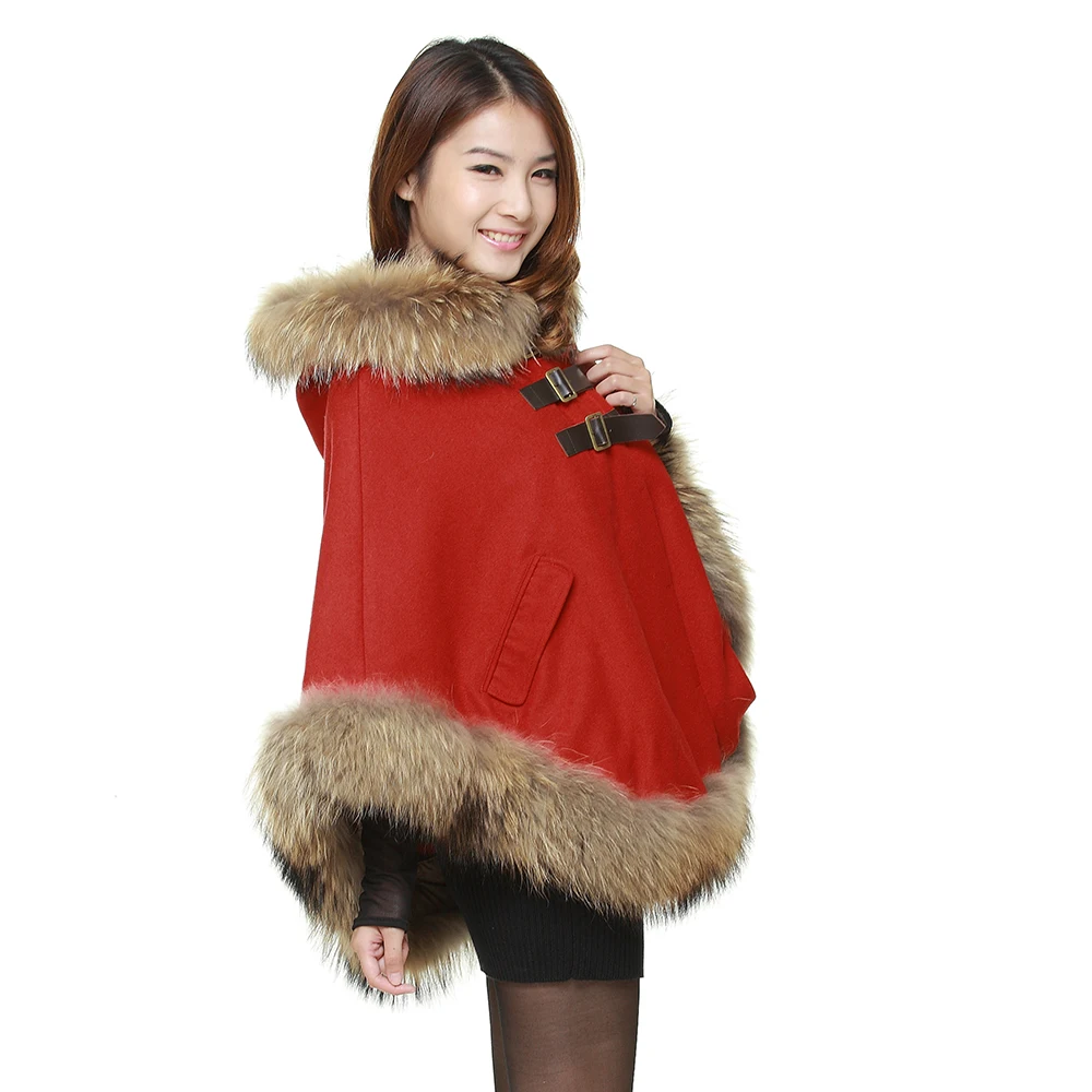 2020 autumn and winter raccoon fur coat female shawl plus size women\'s big red cloak cloak woolen coat  cape for women  cloak