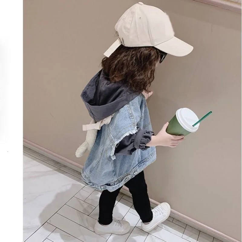 Giacca con cappuccio da ragazza per la primavera autunno inverno a maniche lunghe Patchwork Denim Top coreano elegante primavera per bambini Top da