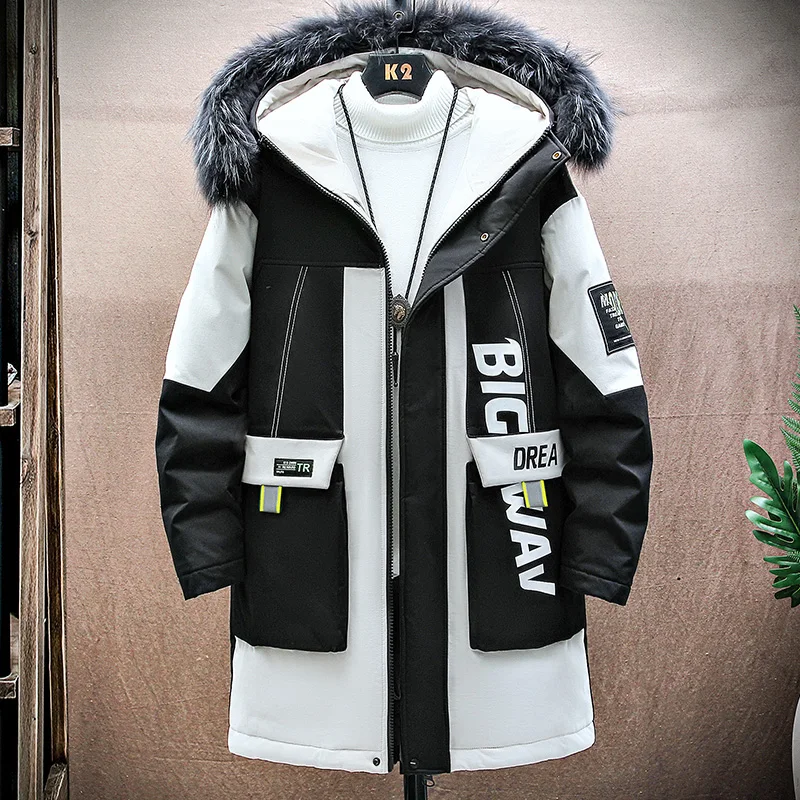 Winter 2021 New Hooded Mid-length Cotton-padded Coat Men\'s Casual Fashion Print Fur Collar Big Pocket Winter Jacket Men