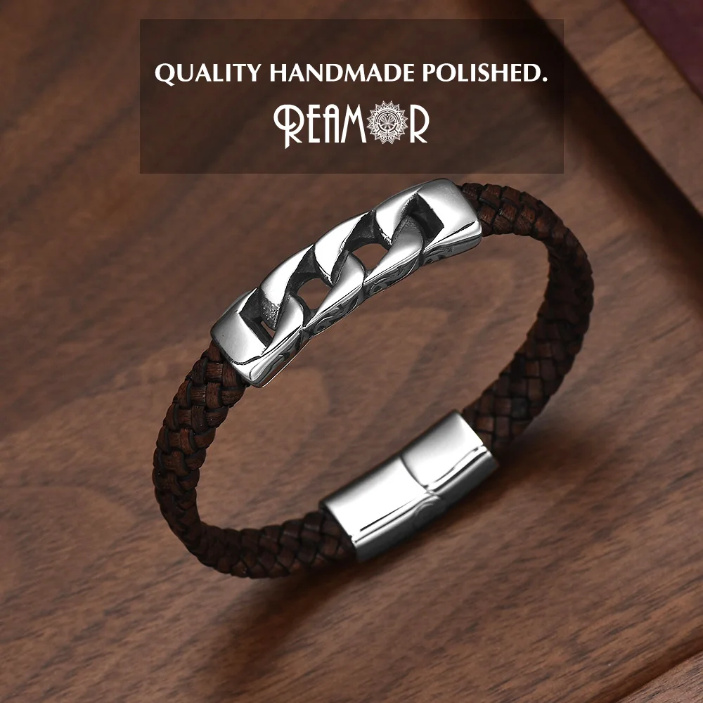 REAMOR Trendy Men Jewelry Stainless Steel Connector Braided Leather Magnetic Buckle Bracelets Punk Men Wristband Pulsera Hombre