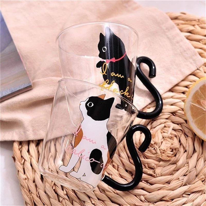 Cute Cat Glass Cup Coffee Cup Milk Tea Coffee Office Mug Cocktail Glass Wine Glasses Cat Tail Handle Valentines Day Gifts