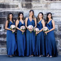 Sexy Bridesmaid Dresses Royal Blue A Line Spaghetti Strap Backless Pleats Split Long Wedding Guest Maid of Honor Gowns vestido