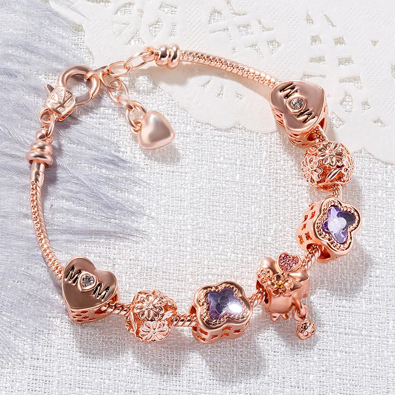 Clover purple beaded bracelet female hollow flower with crystal zircon Pan familycharm bracelet February 14 Valentine's Day gift