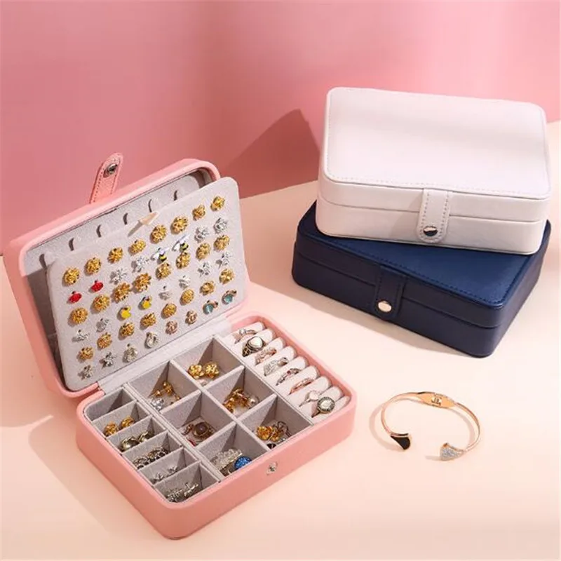 

2021 New 3 Colors Small Size Leather Jewelry Box Travel Jewelry Organizer Multifunction Earring Ring Necklace Storage Box Woman