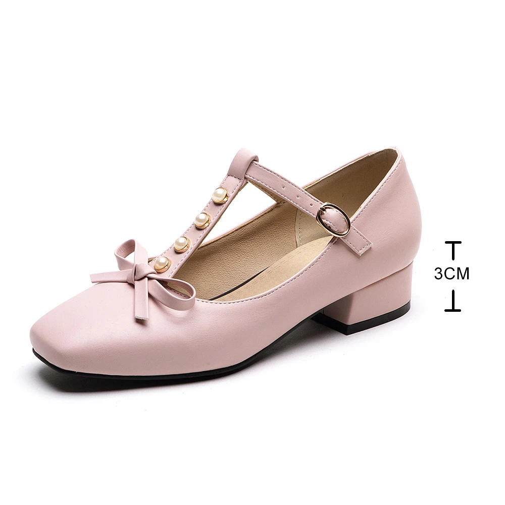 New Women Mary Janes Pumps T-Strap 3cm Heels Sweet Bowtie Lolita Shoes Girl Student Buckle Party Shoes Female Fashion Moccasins