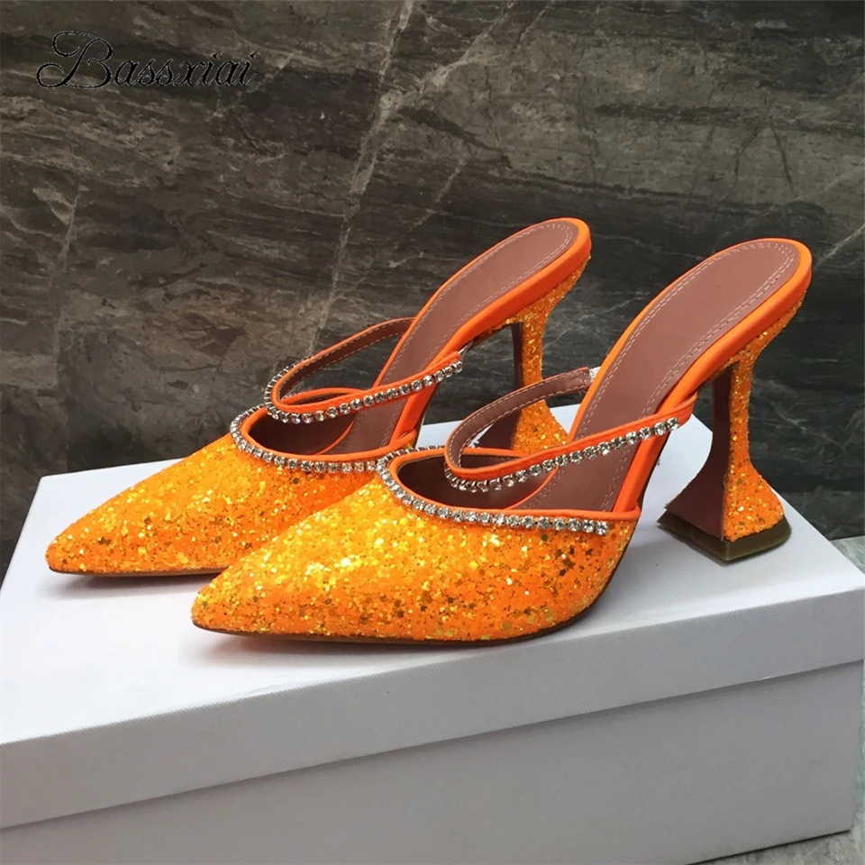 

Bling Sequined Cloth Point Toe Runway Mules Lady High Goblet Heel Crystal Rhinestone Slingbacks Luxury Horsehair Sandals Women