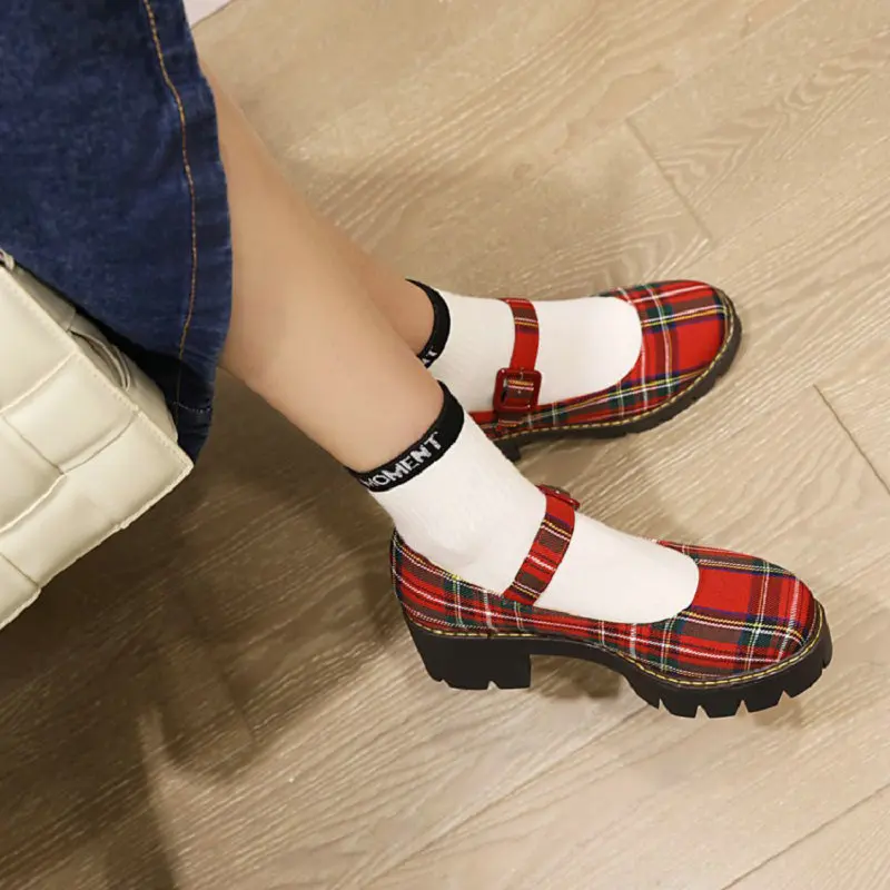 Sianie Tianie Japanese Style Students Girls Shoes Scotland Plaid Checker Round Toe Retro Ladies Pumps Chunky Heels Mary Janes