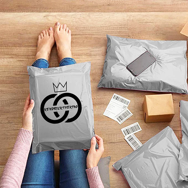 50pcs Bags Silver poly mailer with logo,custom design Grey shipping bag,custom brand postage bag courier selfseal bag with logo