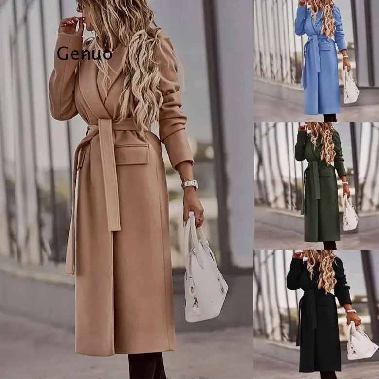 Winter Elegnat Solid Turn-Collar Bandage Long Coats Women Fashion Casual Pocket Overcoats Ladies Warm Vintage Wool Cardigan