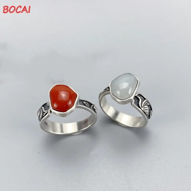 

The new S925 silver inlaid Hetian Yunan red everything wishful South red lotus ring retro temperament open female ring