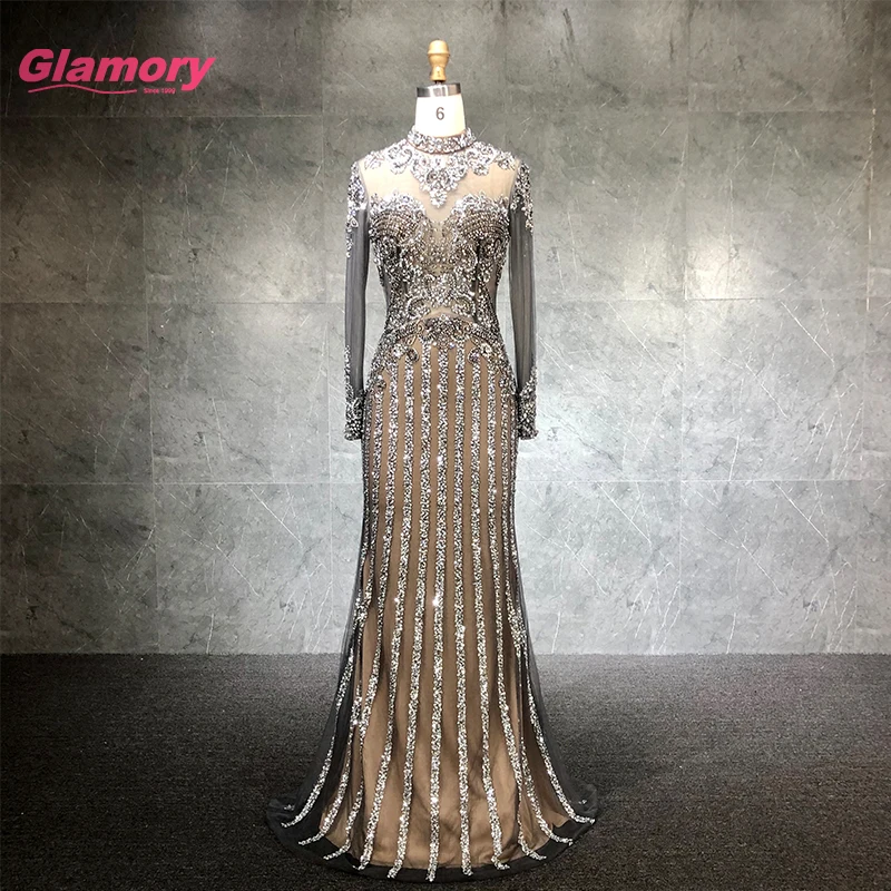 2020 New Women's Long Sleeve Dress Luxury Beading Mermaid Party Halter Neck Turkish Evening Dresses