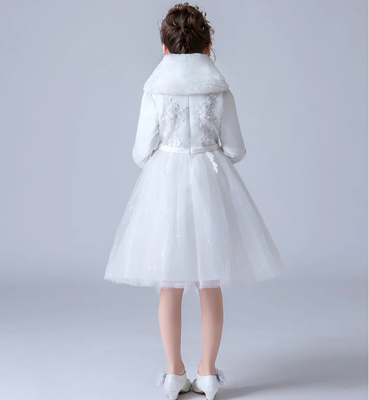 Flower Girl Winter Quilted Dress With Fur Collar Birthday Dresses Lace Girls' Flower Embroider Wedding Party Tulle Formal