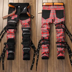 Men’s slimming-fit patched bandage denim pants color contrast retro jeans hip hop street fashion casual jeans pants