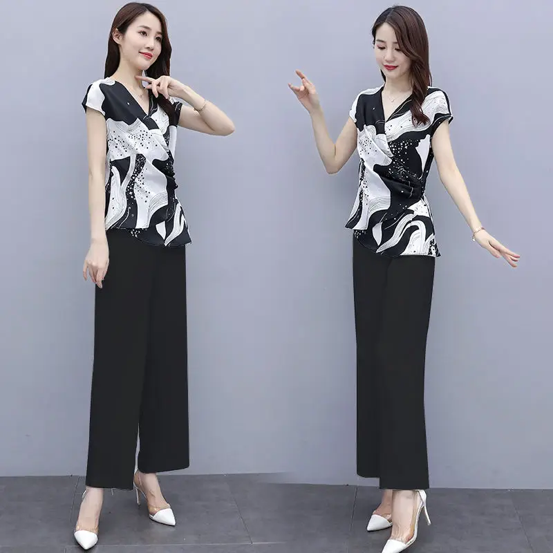 Pants Suits Female For Summer 2024 New Woman Set Pantsuits Elegant Chiffon Asymmetrical Tops & Wide Leg Trousers 2 Piece Clothes