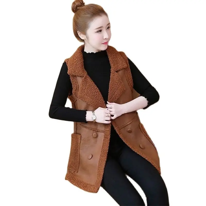 

Vintage Women Winter Imitate Fur One-piece Waistcoat Mid-length Vest Cardigan Female Loose Velvet Thick Vest Tide A955