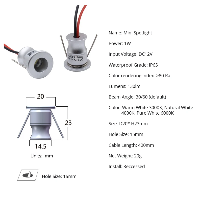 Imagem -02 - Abertura 15 mm Mini Diodo Emissor de Luz Ponto Polegar Lâmpada Holofote Gabinete Iluminação Ambiente Recessed Instalar Ip65 à Prova Dip65 Água 10 Peças 1w 12v