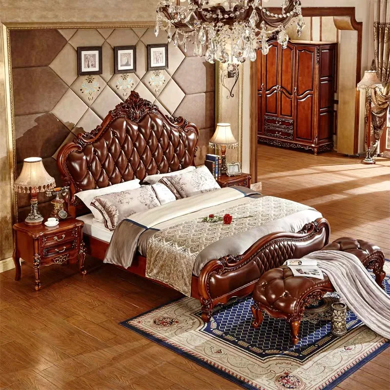 genuine leather bed solid wood carving master bedroom double solid wood1.8 m luxury American wedding bed