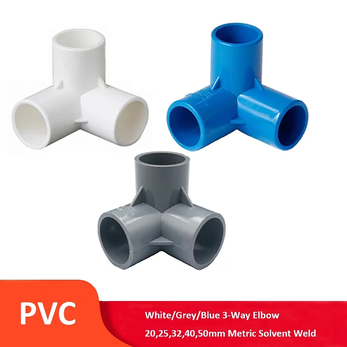 

PVC 3-Way Elbow 20/25/32/40/50mm Metric Solvent Weld Pressure Pipe Fitting Pipe Connector Aquarium Pond Pool Garden DIY