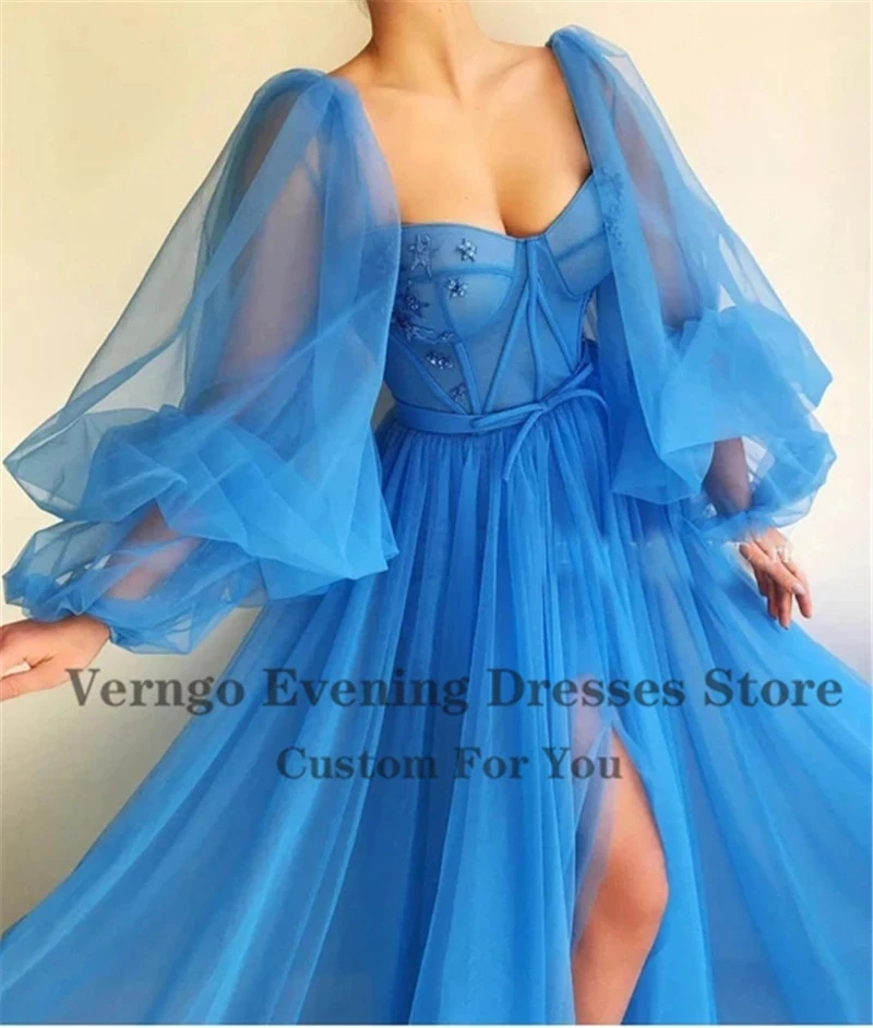 Verngo-A Line Blue Tulle Long Prom Dresses, mangas elegantes Puff, Applique Querida, fenda lateral, Lace Up Vestidos de noite, Custom Made