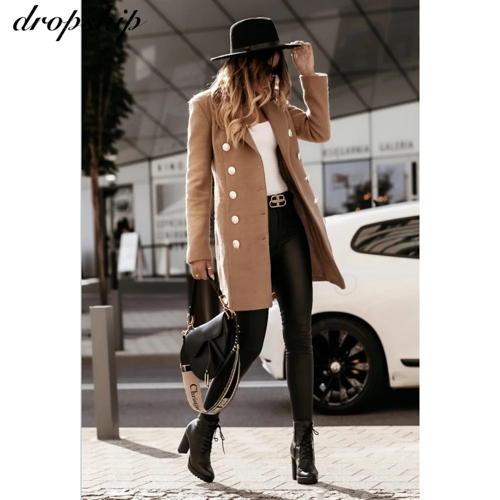 

Women Wool Outwear Winter Woollen Coat Long Sleeve Turn-down Collar Blends Jacket Elegant Lady Overcoats