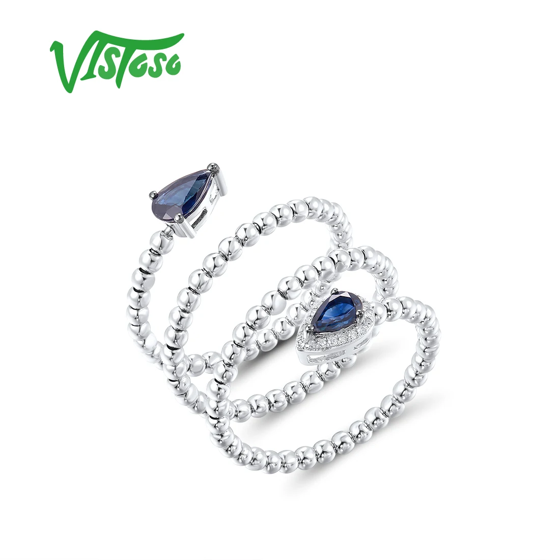 VISTOSO Genuine 14K 585 White Gold Rings For Women Sparkling Blue Sapphire Diamond Stylish Ring Gorgeous Flexible Fine Jewelry