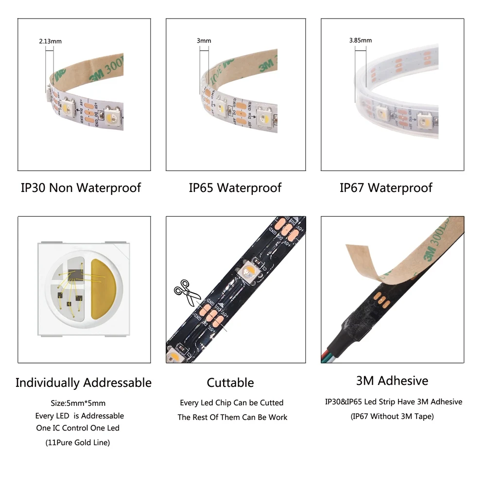 Imagem -04 - Endereçável Individual Led Strip Light Sk6812 Rgbw Semelhante Ws2812b em 30 60 144 Leds Pixels m Ip30 Ip65 Ip67 ic