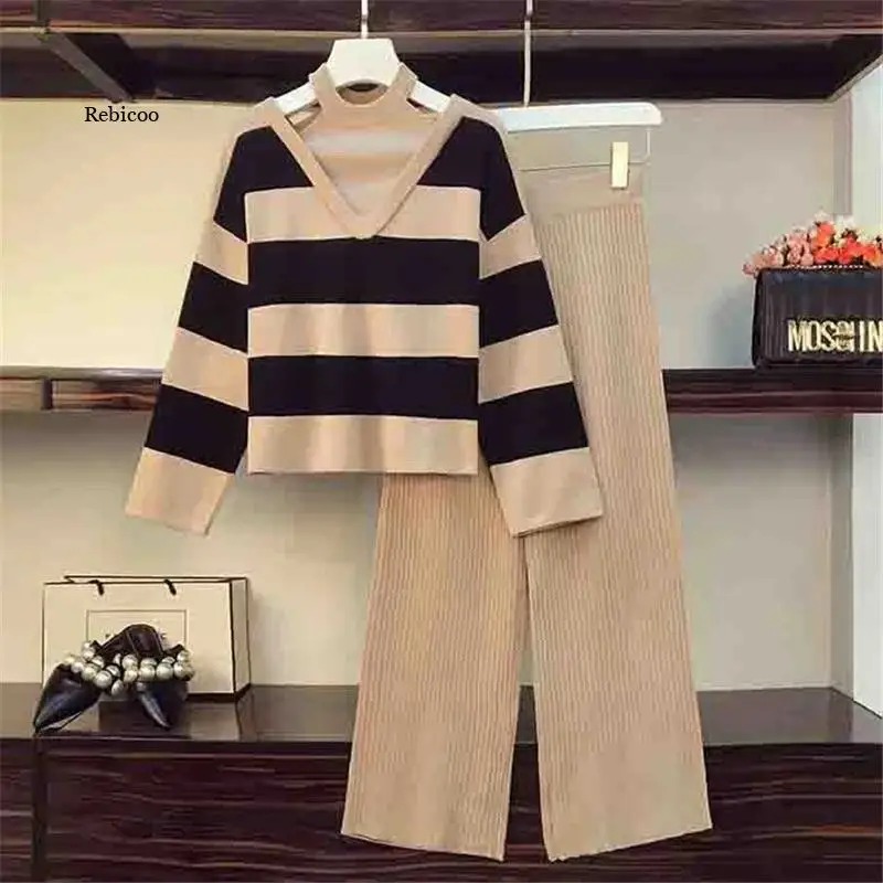 

Autumn Winter Knitted Two Piece Set Women Striped Halter Sweater + Elastic Waist Wide Leg Trousers Set Tracksui Pants Suit