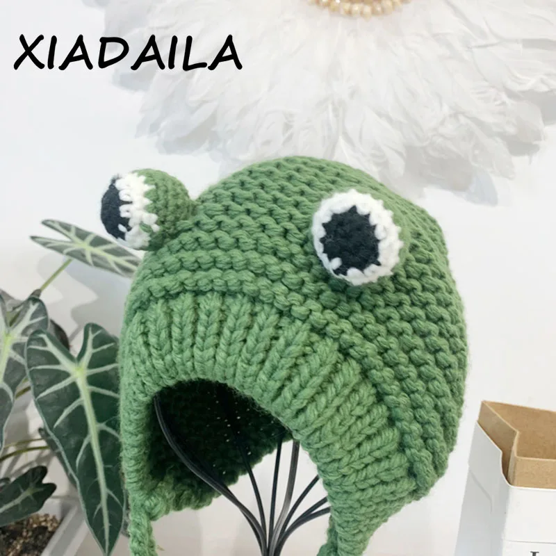 2020 women\'s hats winter with pompon Cute Frog Hat Crochet Large Knitted for girls Costume Beanie christmas fashion Hats Cap