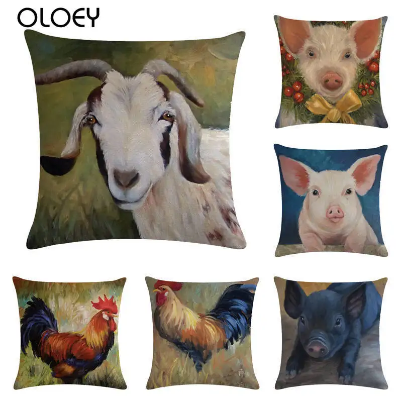 

Rooster Pig Cattle Series Cotton Linen Cushion Cover Animal Pattern Pillow Cover Pillowcase Bedroom Hotel Home Decoration